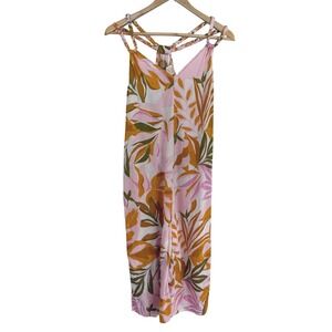 C&C California Tropical Linen Blend Midi Dress L Pink Palm Resort Vacation